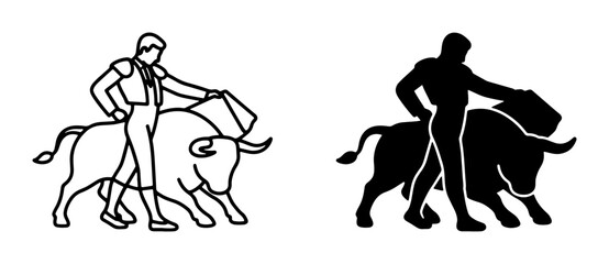 Fototapeta premium Matador and Bull Vector Icons, Spanish Culture Symbolism, Traditional Bullfighting Silhouette, Minimalist Line Art and Solid Black Graphics for Sports and Entertainment