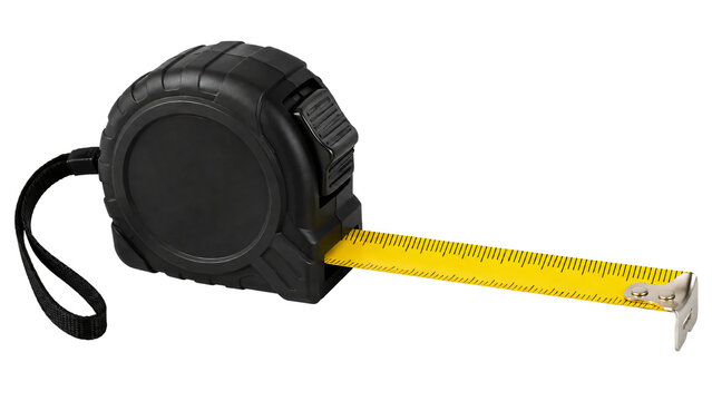Black retractable tape measure with yellow steel blade isolated on transparent background