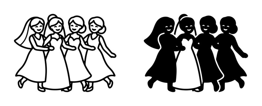 Bridal Party Vector Icons, Bride and Bridesmaids Silhouette, Wedding Celebration Graphics