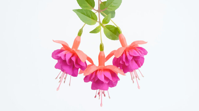 Three fuchsia flowers with magenta petals and green leaves