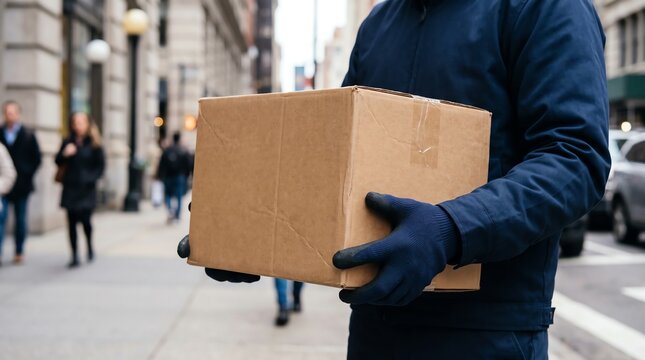 Professional Delivery Courier Walking Through Busy Urban City Streets Carrying a Cardboard Parcel for Reliable Logistics and Fast Shipping Services