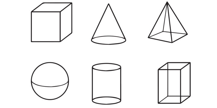 Set of basic 3d geometric shapes in black outline style isolated on a white background. A collection of six fundamental geometric solids including cube, sphere, cone, and pyramid.