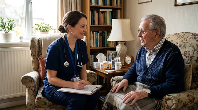 Caring nurse converses with elderly patient in cozy living room setting