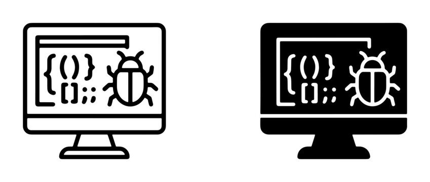 Computer Bug Icon Set, Debugging Code on Screen, Software Error Symbol, Programming Glitch Vector Graphics