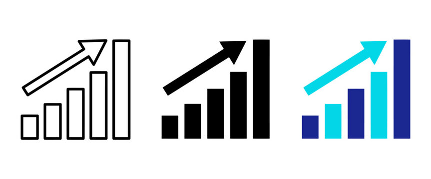 Financial growth bar chart icons, business progress graph with upward arrow, set of 3 vector data visualization symbols for marketing reports