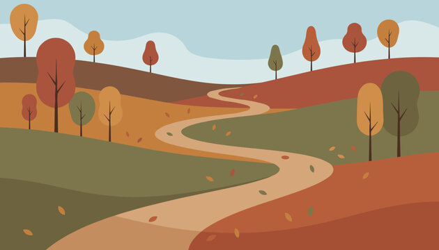 Autumn landscape vector illustration depicts a long winding path rolling through hills with colorful orange trees.