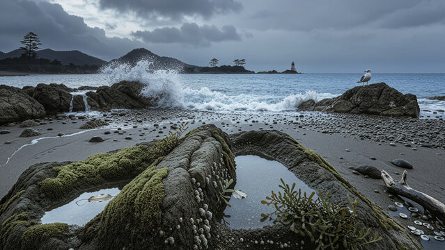 Rocky Coast with Waves, Seagull, and Lighthouse