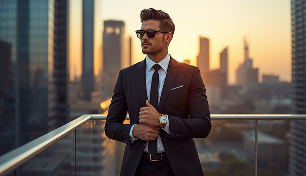 A man in formal attire and sunglasses poses on a balcony, with a scenic backdrop visible behind him.