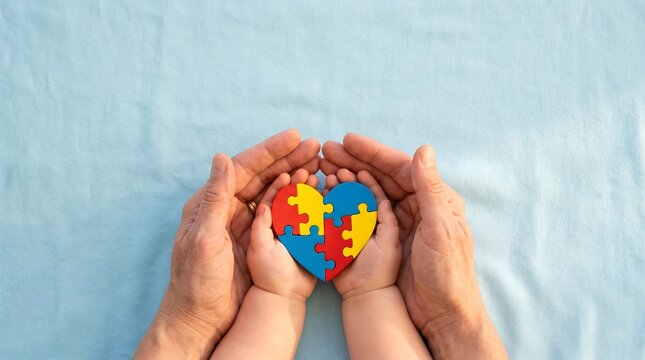 Hands cradle a heart shaped jigsaw puzzle composed of colorful pieces symbolizing connection and support family generations elderly child youth vibrant