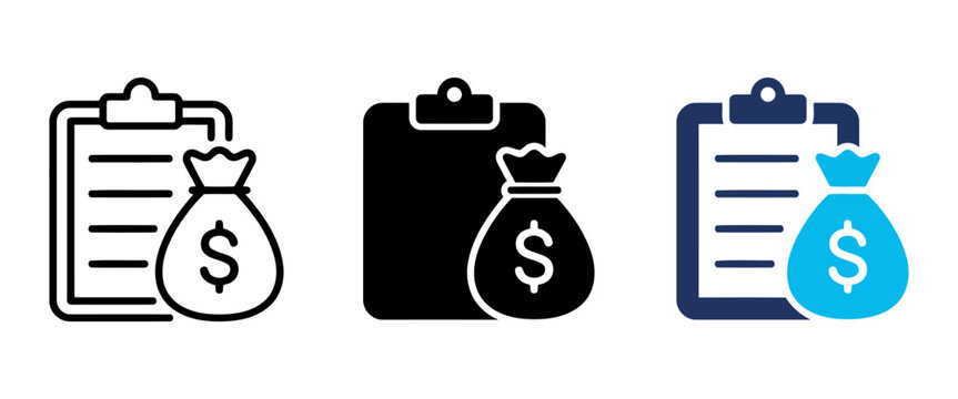 Financial budget clipboard icons set, money bag and document symbols in flat and line styles, business accounting and investment planning vector graphics