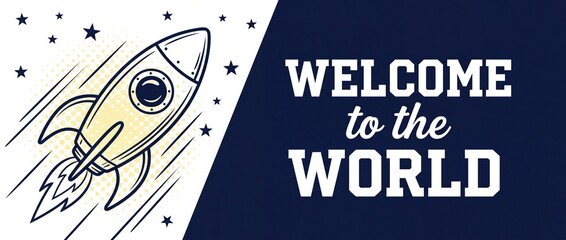 Fototapeta premium Rocket spaceship launch welcome world vector banner illustration retro comic retro space design greeting card template background for newborn baby boy startup launch celebration announcement poster
