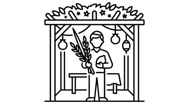 Market stall with vendor and produce depicted in a linear style