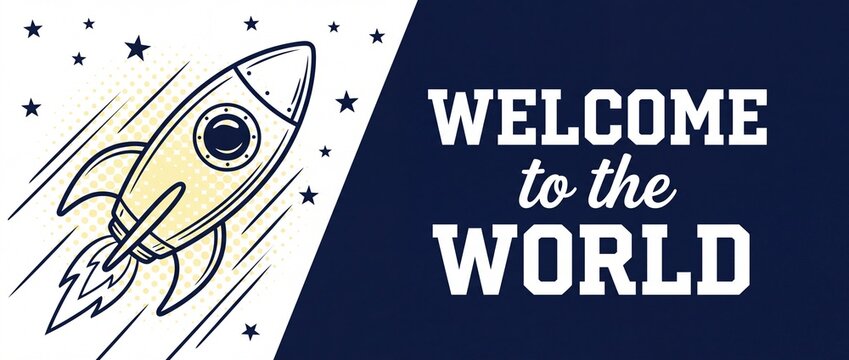 Rocket spaceship launch welcome world vector banner illustration retro comic retro space design greeting card template background for newborn baby boy startup launch celebration announcement poster
