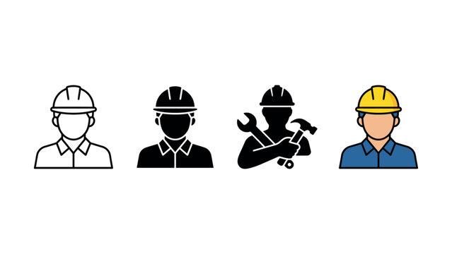 Set of construction worker avatars with hard hats in various graphic styles for professional design projects