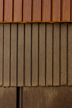 Close up top view of composite wood decking boards surface texture