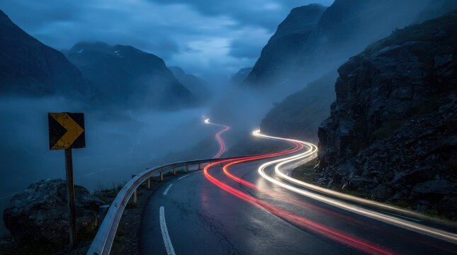 Long exposure light trails on a winding road through misty mountains
