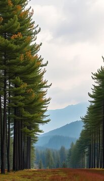 Tree-lined forest with misty mountains in background, trees, greenery
