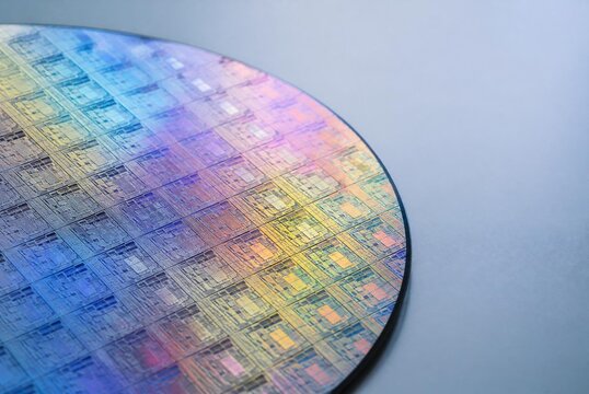 Iridescent Silicon Wafer with Semiconductor Circuit Patterns
