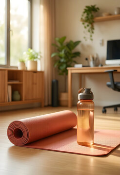 Wellness and work-life balance, yoga mat and water bottle in a home office for healthy lifestyle and mindfulness during remote work in a sunlit room