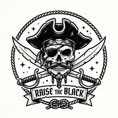 Fototapeta premium Skull pirate captain raising crossed swords with tricorn hat and banner saying raise the black