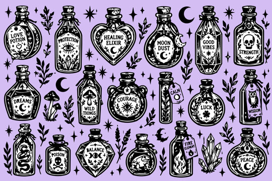 Collection of hand drawn potion illustrations in a vintage pen and ink style, poison bottles and witchcraft apothecary elixirs    