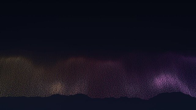 Amber and magenta wave of dots with moving particles on dark background, abstract technology background, 3D visualization of big data, warm landscape