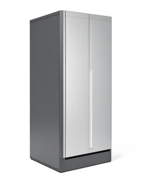 Battery storage standing on white background evoking premium and quiet home energy backup tech mood generative AI