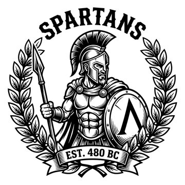 Ancient Spartan warrior with shield and spear in laurel wreath emblem