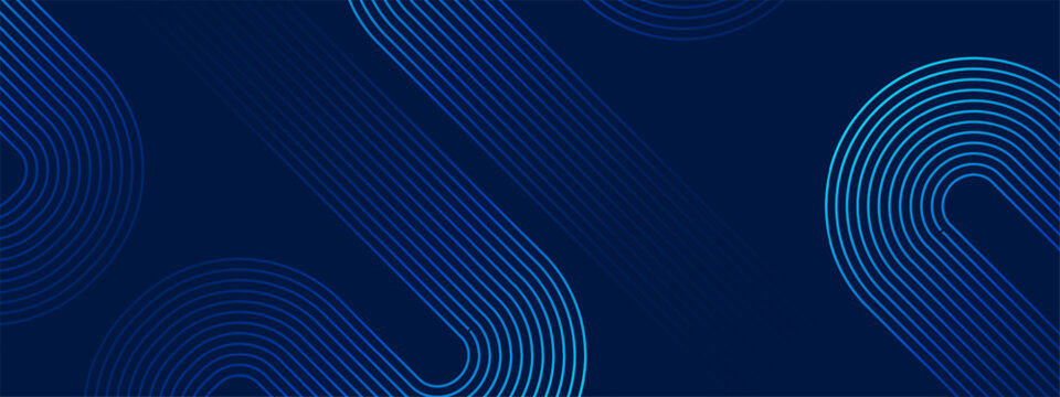 Abstract blue neon curved lines. Dark navy gradient background. Digital technology concept. Minimalist geometric stripe pattern. Vector illustration