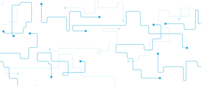 Digital technology circuit lines. Blue connection dots on white background. Modern cyber network theme. Minimal linear geometric design. Vector illustration