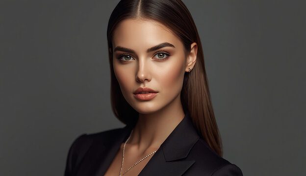 A striking portrait of a woman in a black suit, highlighting her beauty and poise in a professional setting.