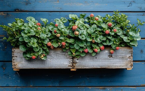 Rustic wooden planter box with vibrant green plants and small red flowers against a blue wooden background.
