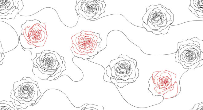 Delicate seamless pattern of elegant rose outlines in black and red fine lines across a clean white background.