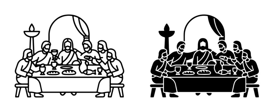 The Last Supper vector icons, religious meal illustration, biblical scene, disciples gathering, Christian symbolism, black and white graphic