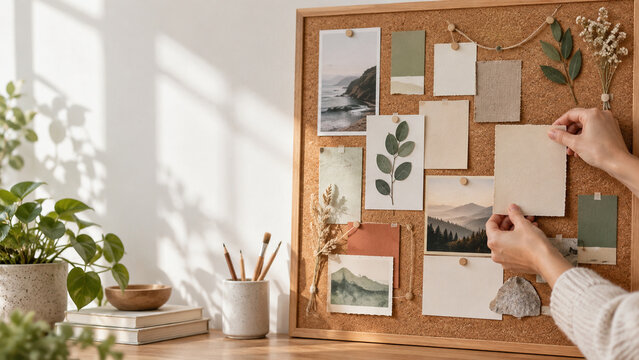 Hands arranging a neutral personal vision board