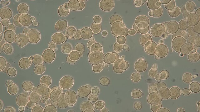 Bakery yeast cells viewed through an optical microscope, showing detailed cellular structures in 1K, authentic microscopic appearance, scientific laboratory visualization, 4K video