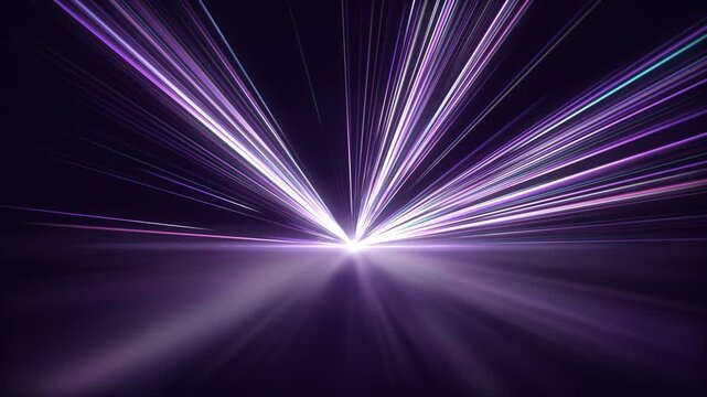 Violet and cyan light streaks rush outward from a blazing vanishing point in a continuous speed zoom. Ready-made transition and opener for tech launches, gaming and music videos.