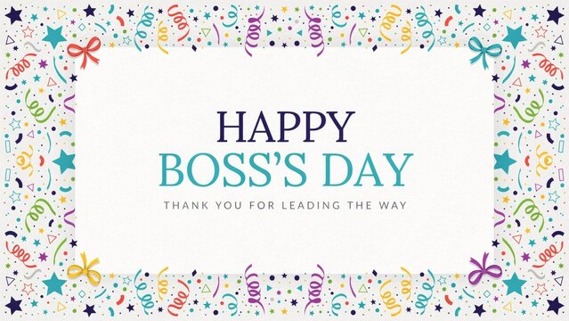 Happy Boss's Day greeting card with colorful confetti border, celebratory corporate appreciation banner, professional thank you message for leadership