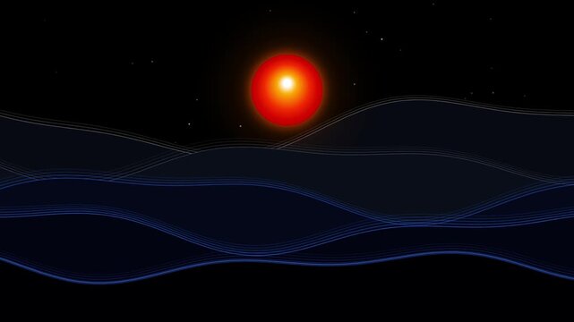 Abstract Motion Graphics Background Featuring Glowing Red Sun Rising Over Dark Blue Wavy Landscape