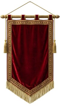 Elegant royal red velvet hanging banner adorned with ornate golden borders and tassels.