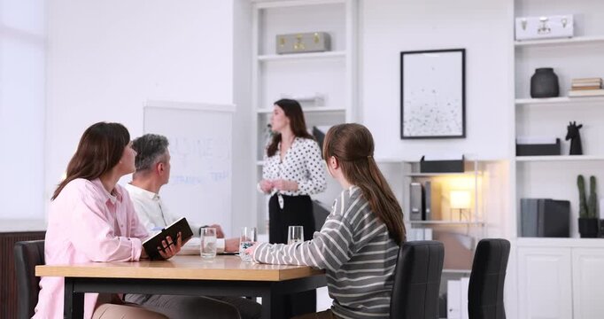 Business training. Manager holding team meeting in office