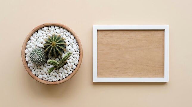 Small cactus plant in a pot with a blank picture frame