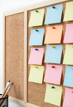 Project management and task planning, colorful sticky notes on a cork board for brainstorming and organization in a creative office workspace environment