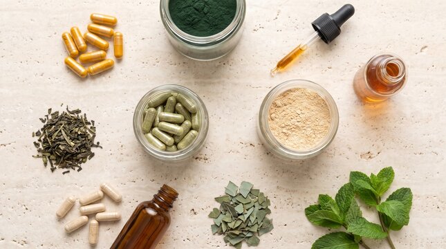 Assorted natural dietary supplements and herbal powders on a stone surface