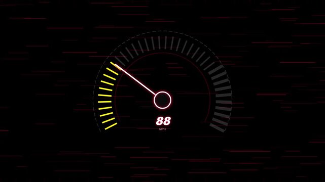 Futuristic digital speedometer animation displaying speed dropping from 311 to 80 mph with glitch