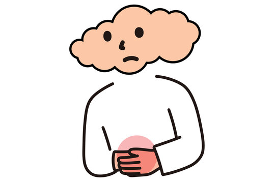 A person with a cloud for a head, holding their stomach because they have a stomachache.