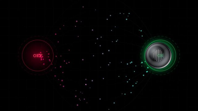 Futuristic digital toggle switch with glowing red off and green on buttons plus floating particles