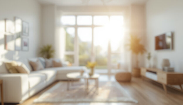 A spacious blurred living room with a large window, filled with natural light and a tidy, uncluttered design.