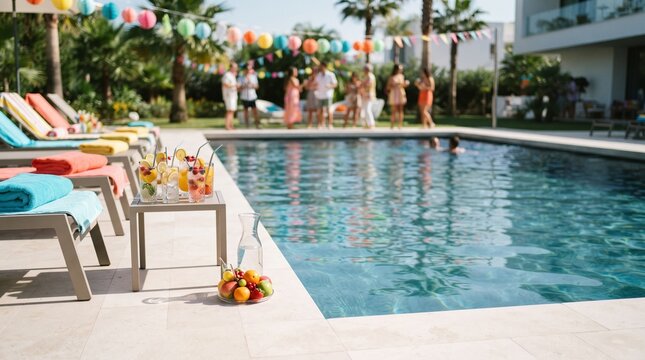 Summer poolside party with refreshing drinks and happy guests enjoying the sun