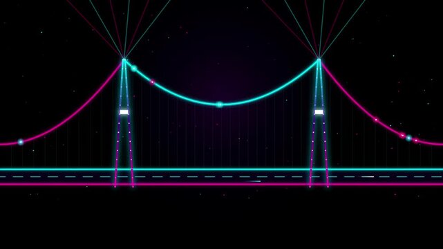 Futuristic neon suspension bridge with glowing particles on dark space background motion graphics